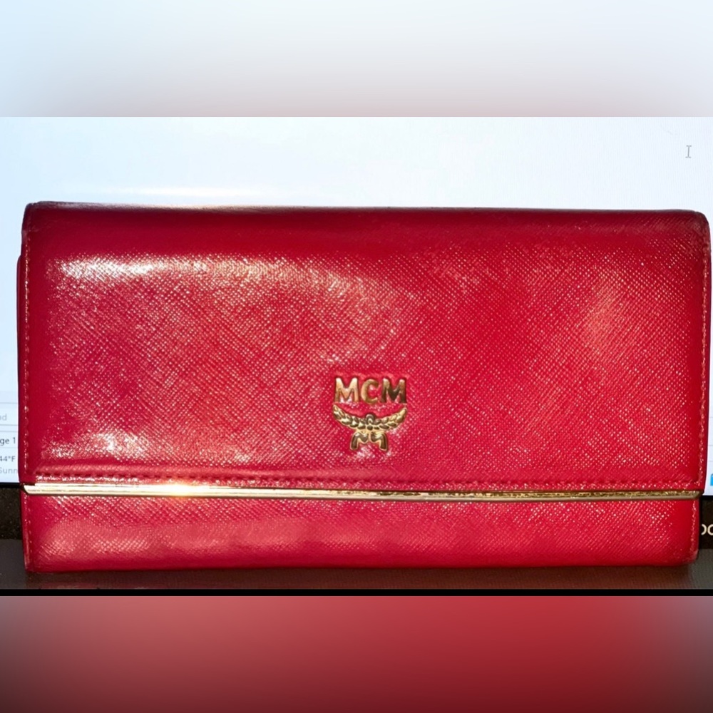 MCM Leather Red Wallet Womens Wallets Red Bifold Checkbook ID Card Holder Purse